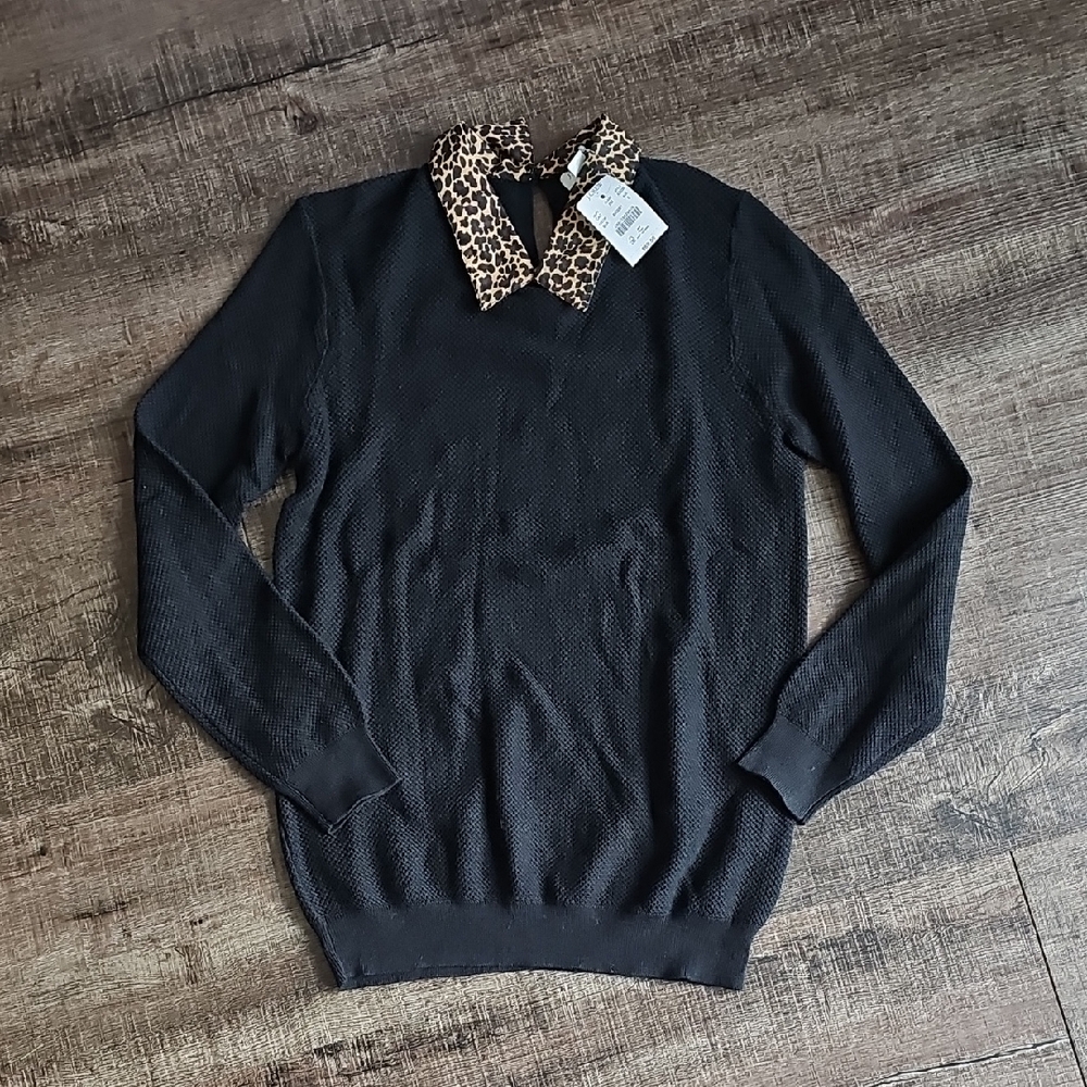 J. Crew Black Sweater with Animal Print Collar